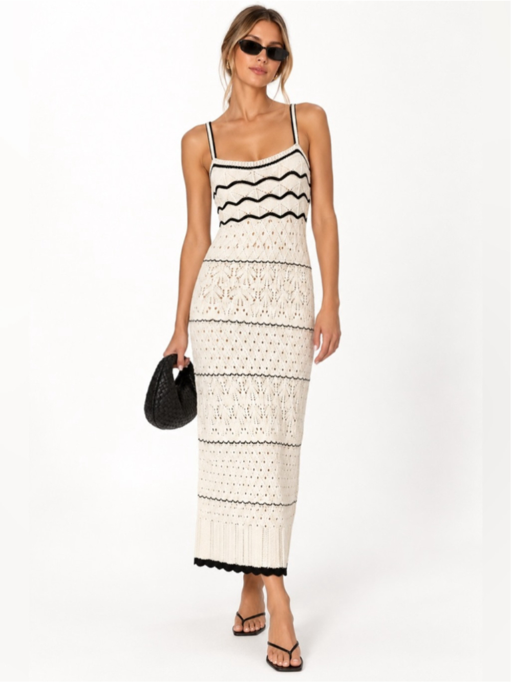 Commense Cream Black Contrast Pointelle Knit Cami Midi Maxi Dress Size M